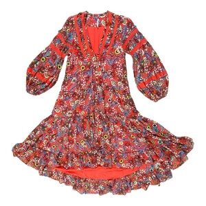 Free People Cassis Printed Chiffon Midi Dress Sz XS Floral Lattice Puff Sleeve